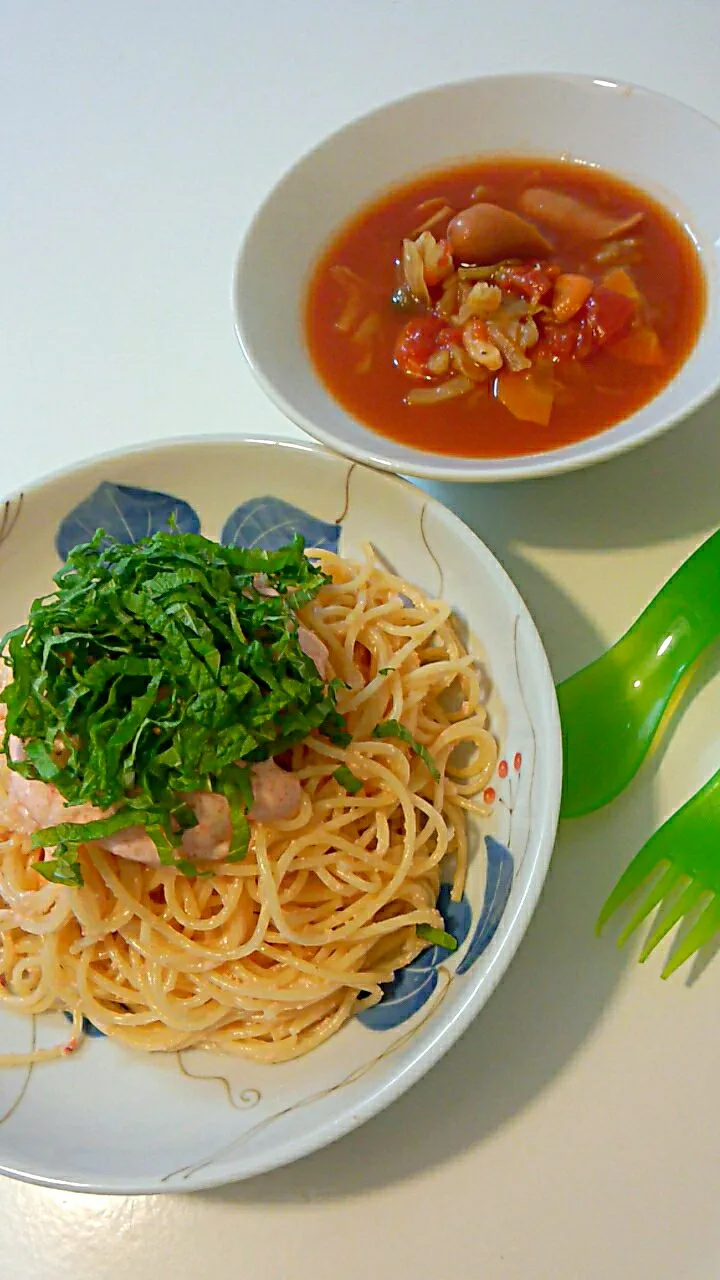 明太マヨスパゲティ＆野菜トマトスープ|かなさん