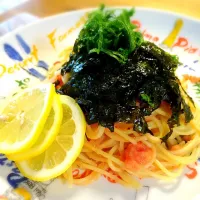 おりぃ🎀ちゃんの料理 豆乳と白だしだけで作ってみましたよ、明太子スパゲティ…仕上げは韓国のりフレーク！！