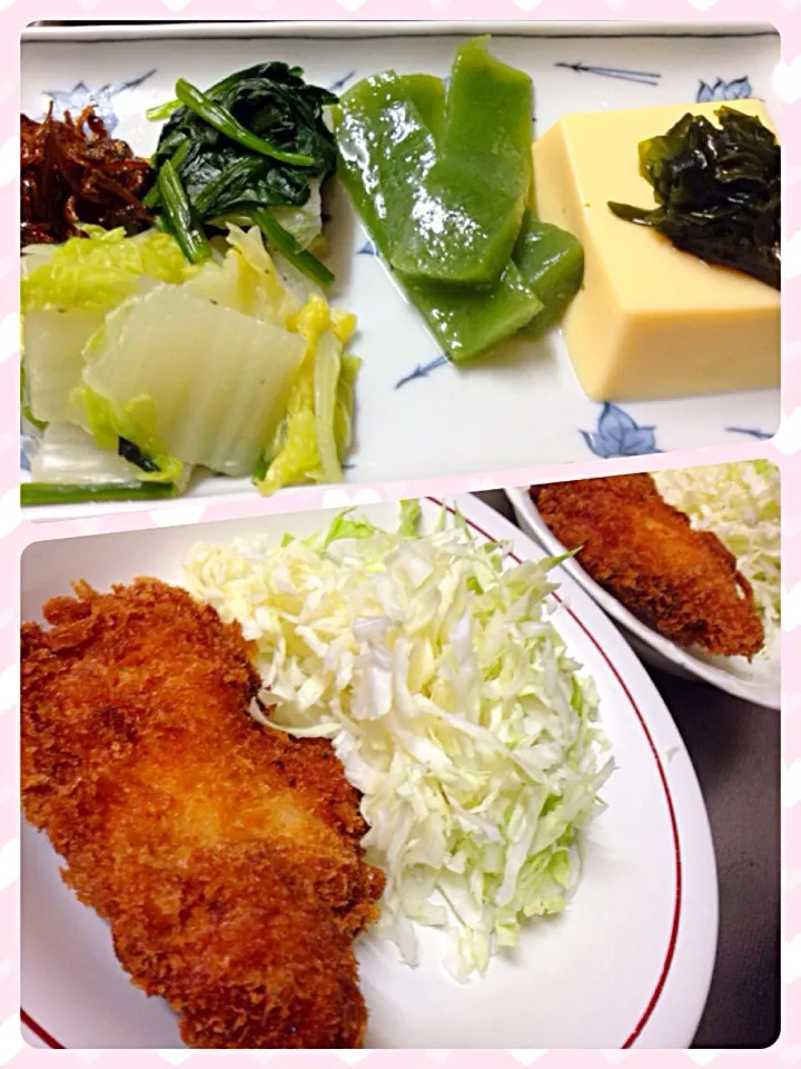 Snapdishの料理写真:和前菜とチキンカツ ♪|Hiroko Suzukiさん