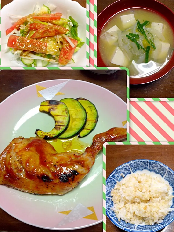 Chicken BBQ#vegetables salad#miso soup#white&brown rice mix|Miki Jorierose Obispoさん