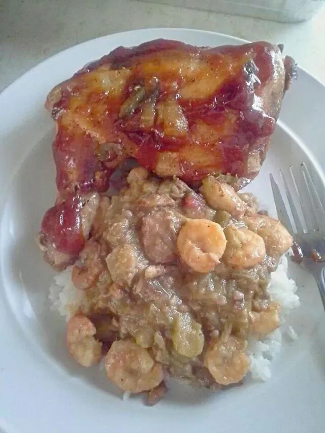 Oven Baked Barbecue Chicken 🍗 #Chicken Shrimp 🍤 Sausage & Okra with #Rice #Creole #LouisianaGirl|Alisha GodsglamGirl Matthewsさん