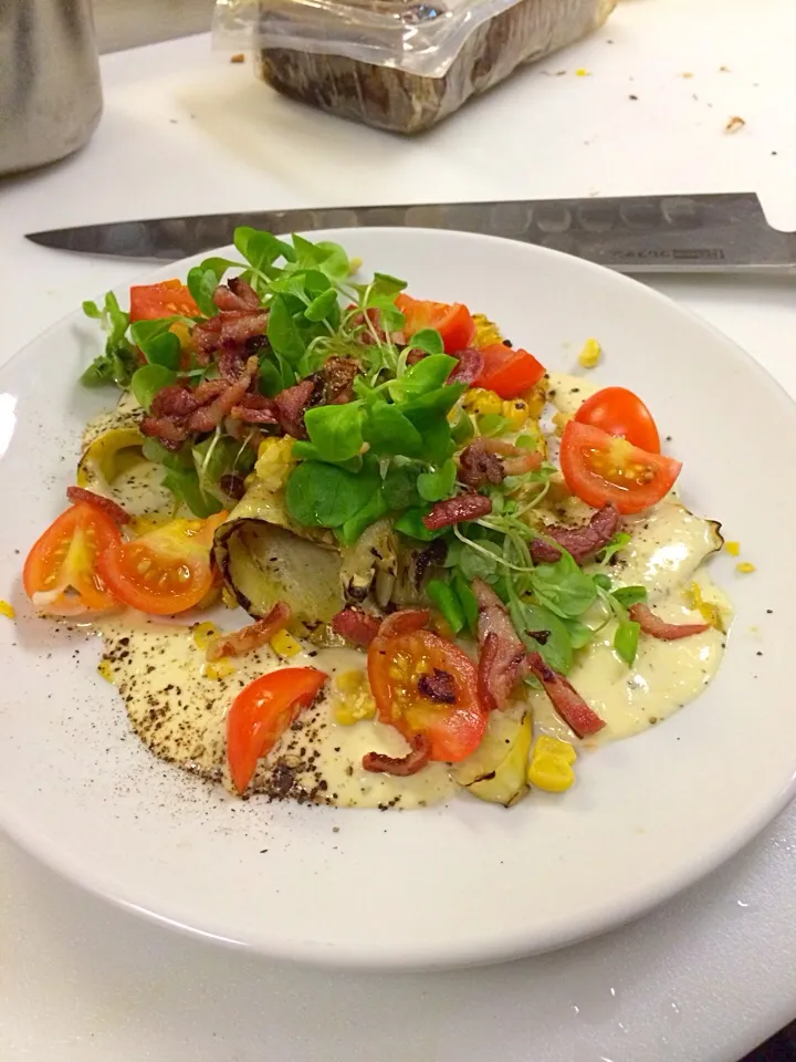 Grilled corn, squash, cured belly, buttermilk dressing|jason mcconnellさん