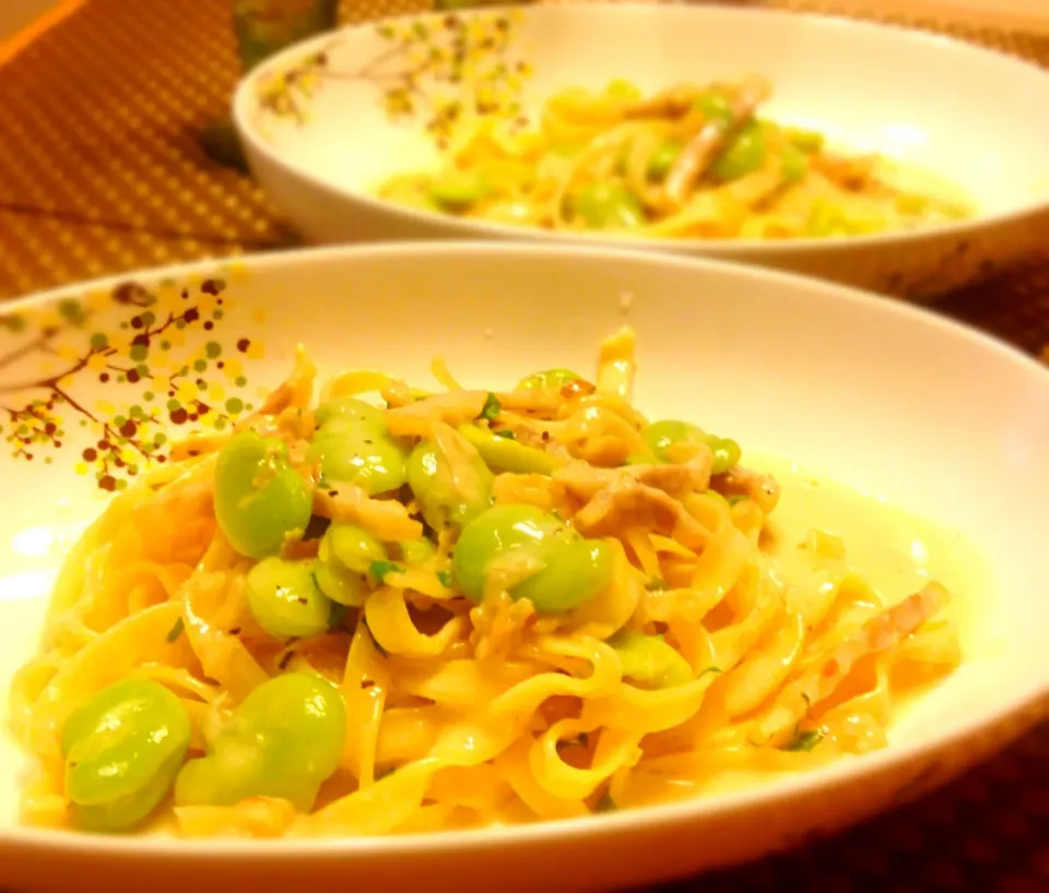 Snapdishの料理写真:Tagliatelle with broad beans and homemade pancetta in cream sauce|Kirk Awiamさん