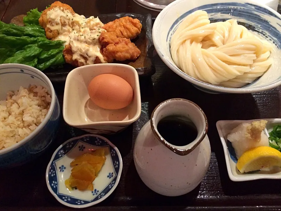 とり天セット(冷やぶっかけ、とり天タルタルソース、麦飯)|buhizouさん