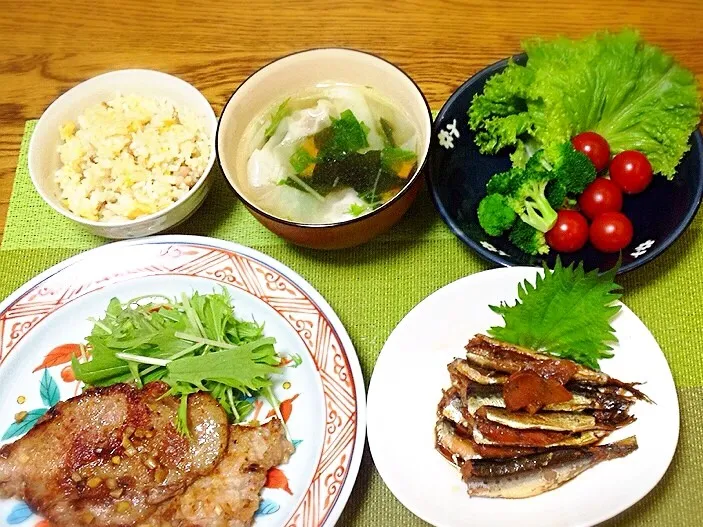 炒飯・雲呑スープ・サラダ・鰯の生姜煮・豚のレモン塩酢醤油ソテー|美也子さん