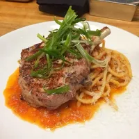 Snapdishの料理写真:Dry aged Duroc pork chop pasta all'amatriciana with guanciale|jason mcconnellさん