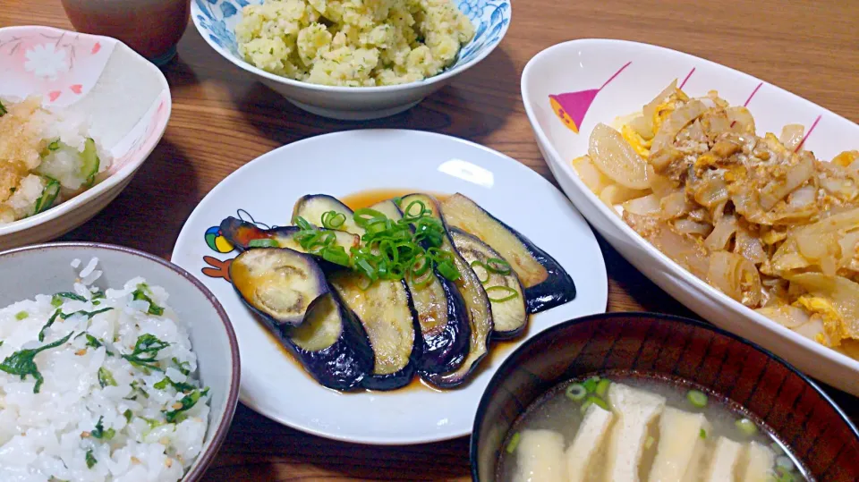 ・茄子のソテー中華ソースかけ
・玉ねぎと卵の炒めもの
・ポテトサラダ(青海苔入り)
・大根おろしと胡瓜の和え物
・大根菜の混ぜごはん
・揚げと葱の味噌汁|ようかんさん