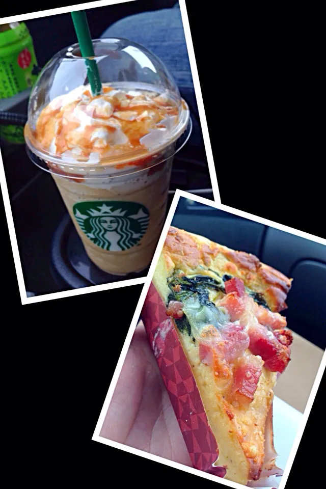 Snapdishの料理写真:Quiche de Espinafre e bacon e um caramelo Franpuccino !!!😋😉👍|lucia inoueさん