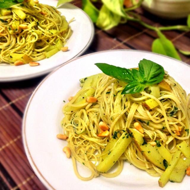 Leftover spaghettini and capellini with fresh basil pesto and leftover