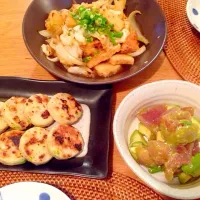 Snapdishの料理写真:高野豆腐の生姜焼き、びんちょうまぐろとアボカドわさび和え、蓮根もち。|mkccckさん