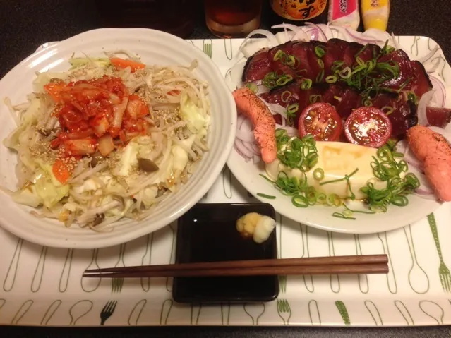 モヤポンキムチ、鰹のたたき、焼きタラコ、ゆず男奴、スライス玉ねぎ、ミディトマト🍅！꒰ •ॢ  ̫ -ॢ๑꒱✩✨|サソリさん