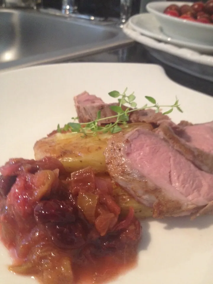 Cumin Seared Pork Tenderloin with Smashed Potatoes and Rhubarb Cherry Compote|Christine pavelkaさん