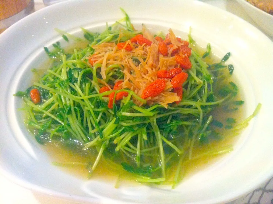 Poached vegetable sprouts with conpoy & wolf berries in soup|skyblueさん