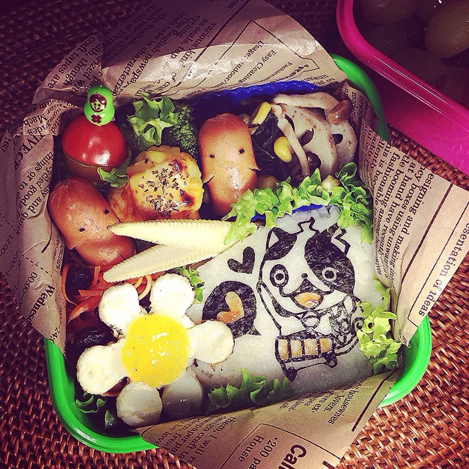 Youkai Watch Buchinyan 🌸 Sausage & Corn potato ball Bento. 妖怪ウォッチ ブチニャン 🌸 ソーセー人&コーンじゃが丸キャラ弁当|Yuka Nakataさん