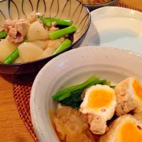 大根と鶏肉の塩バター、お揚げの袋煮、もやしと切り干し大根のごま酢和え。|mkccckさん