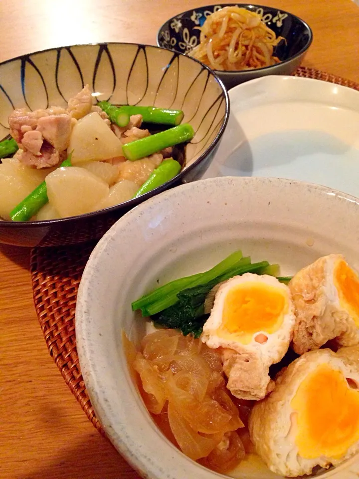 大根と鶏肉の塩バター、お揚げの袋煮、もやしと切り干し大根のごま酢和え。|mkccckさん