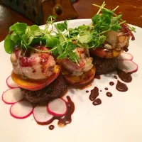 Monkfish, quinoa cake, blue cheese peaches|jason mcconnellさん