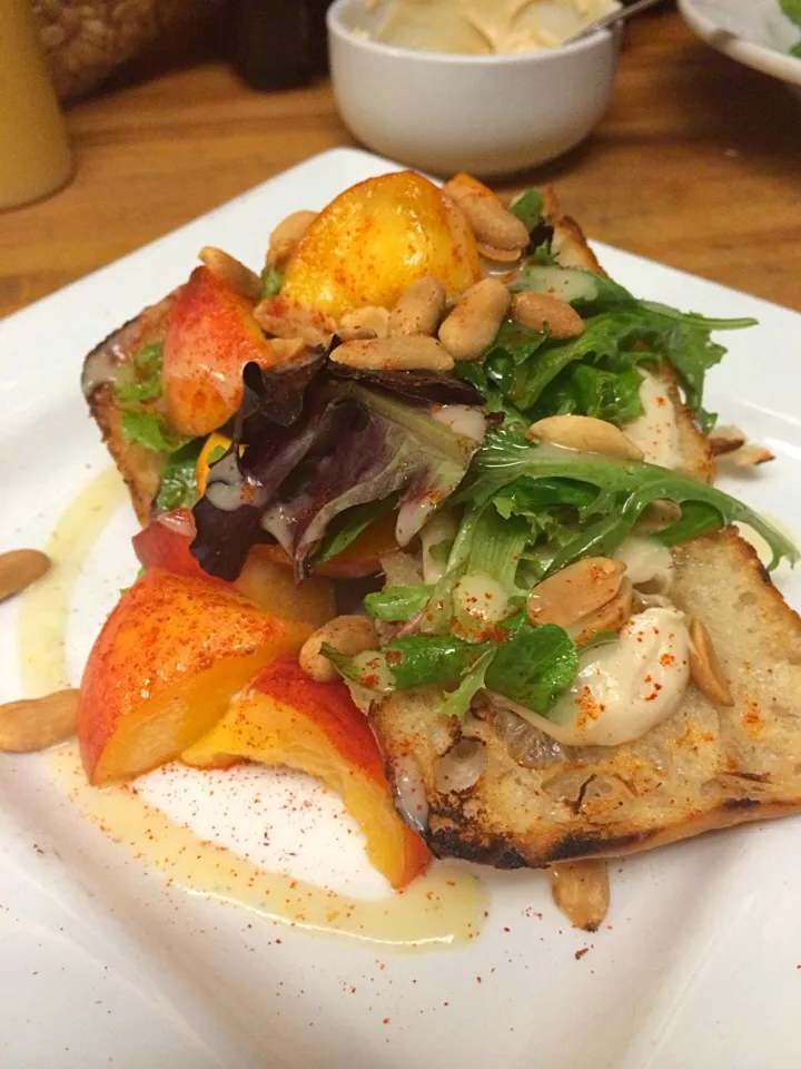 Snapdishの料理写真:Burnt Honey Ricotta, peaches, ciabatta, rice wine vinaigrette|jason mcconnellさん