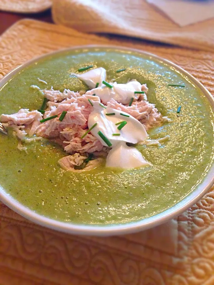 Snapdishの料理写真:Poblano soup with shredded chicken and Greek yogurt :)|Sarahさん