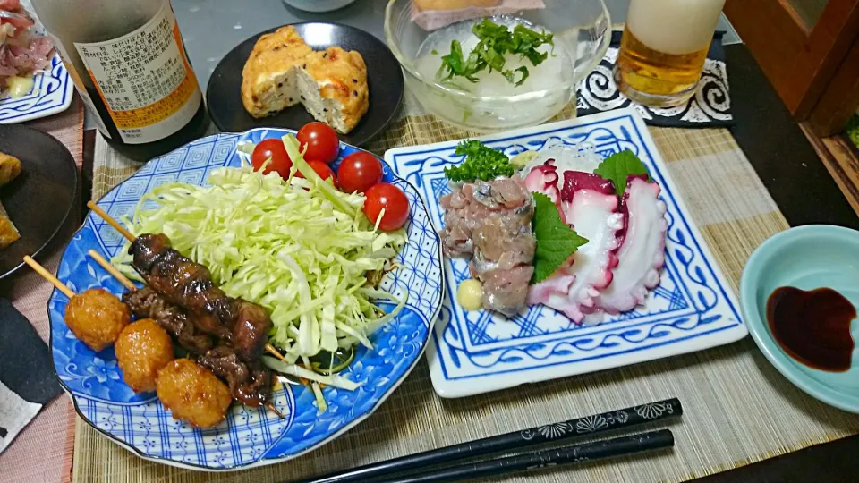 タコの刺身鯵のたたき＆焼鳥＆がんもどき|まぐろさん