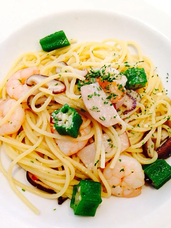 エビとオクラのパスタ|ちゃみこさん