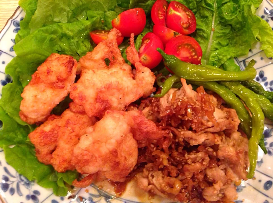 海老と長いもの揚げ物   豚肉の蜂蜜生姜焼きたくわん風味|プリュパリスさん