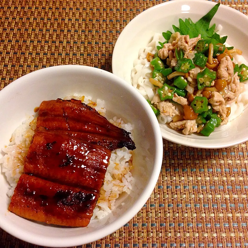 Snapdishの料理写真:稲庭うどん風こんにゃく麺を使った豚のなめこ和えうどんとプチうな丼|chacoさん