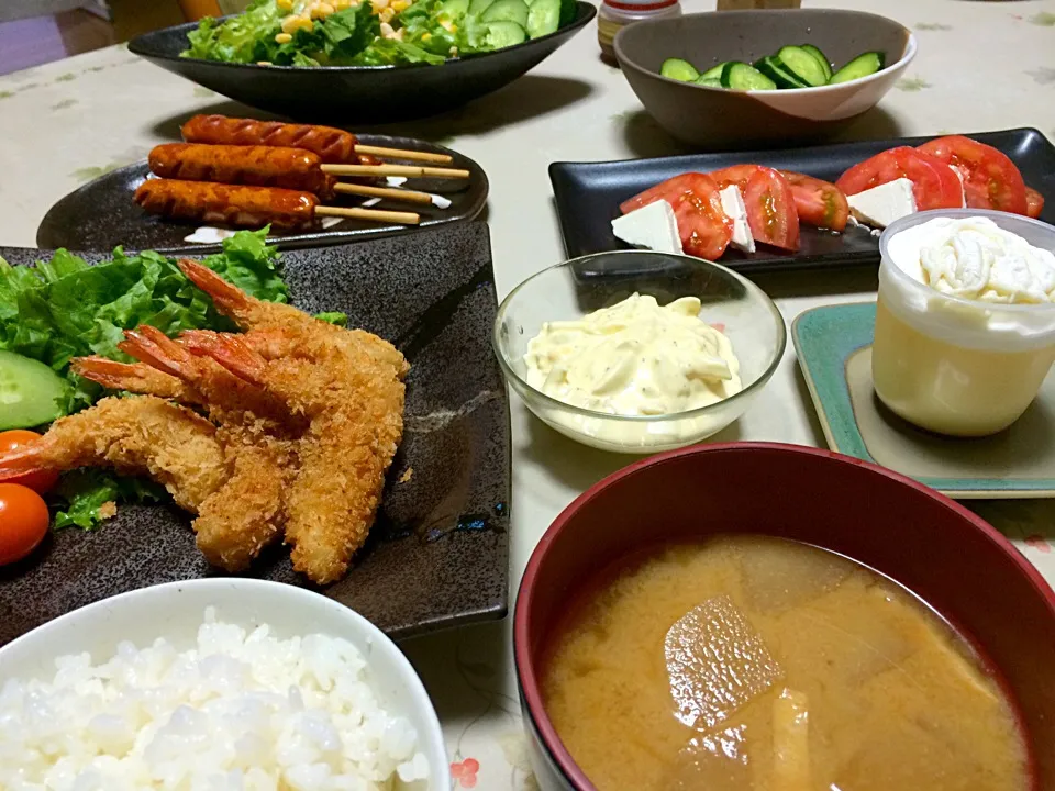 Snapdishの料理写真:今夜はえびふらい定食と、夏野菜盛り💓|makoさん