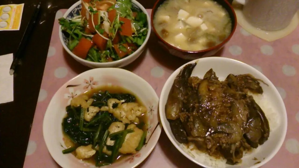 6/26  麻婆茄子丼、ほうれん草ｱﾌﾞﾗｱｹﾞお浸し、サラダ、なめこ豆腐味噌汁|クラキティさん