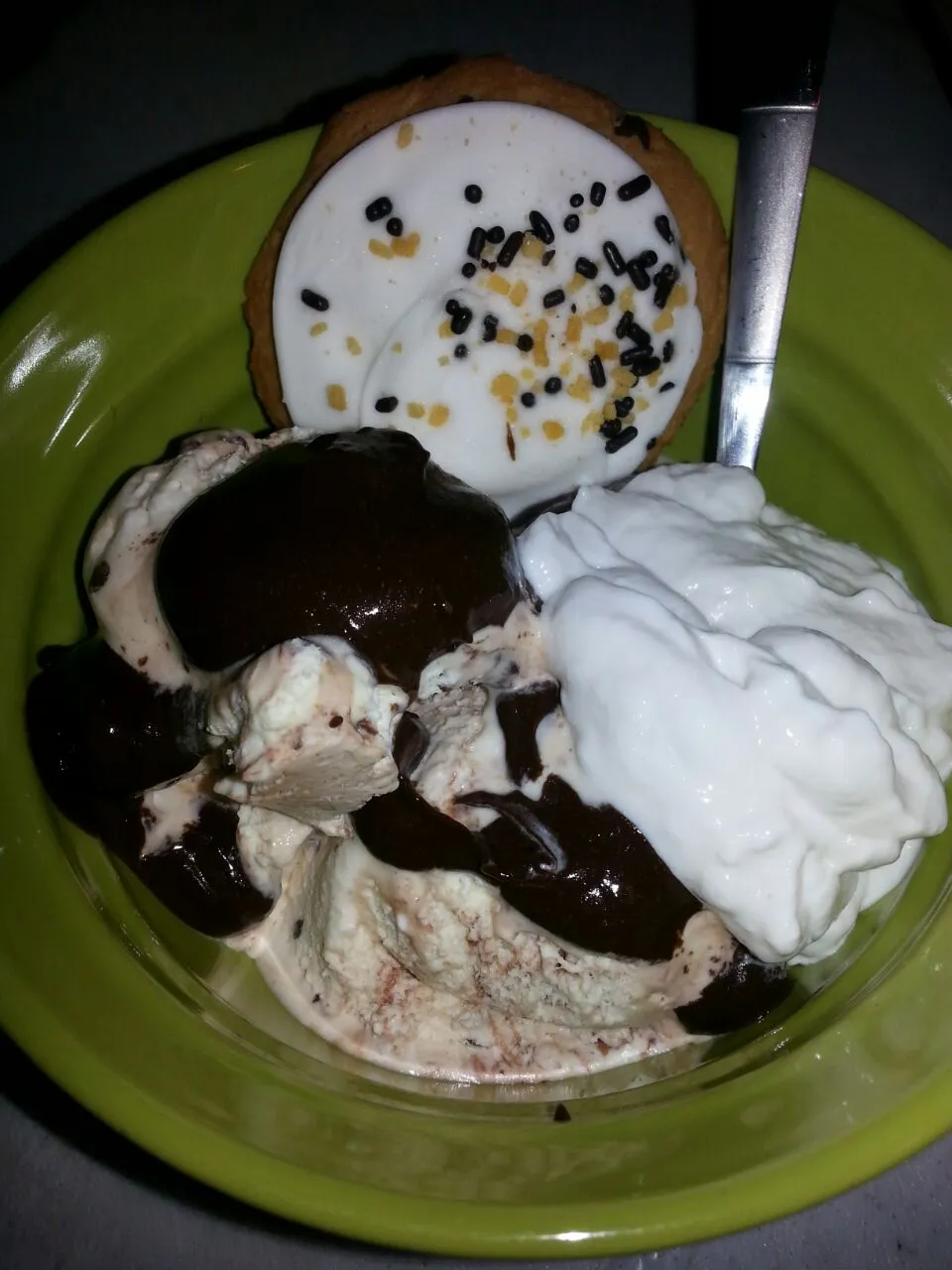 waffle cone ice cream with fudge sauce marshmallow sauce and a smores cookie.|Polly Gelfusoさん