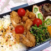 Snapdishの料理写真:鶏カラ甘辛煮、麻婆茄子、かぼちゃ、ちくわオクラ、ほうれん草の、胡麻和え|mintさん