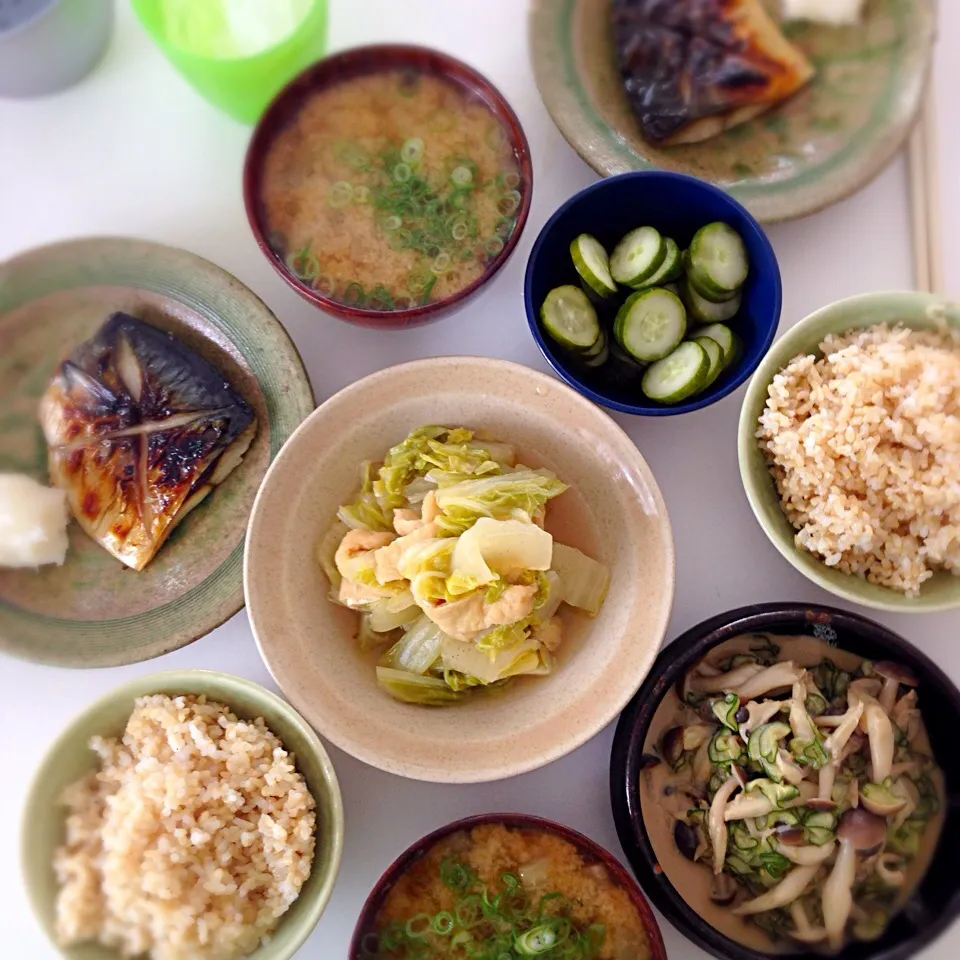 鯖の塩焼き。白菜とお揚げのたいたん。しめじと胡瓜の胡麻酢和え。胡瓜の古漬。大根と人参のお味噌汁。|Rina Nishibeさん