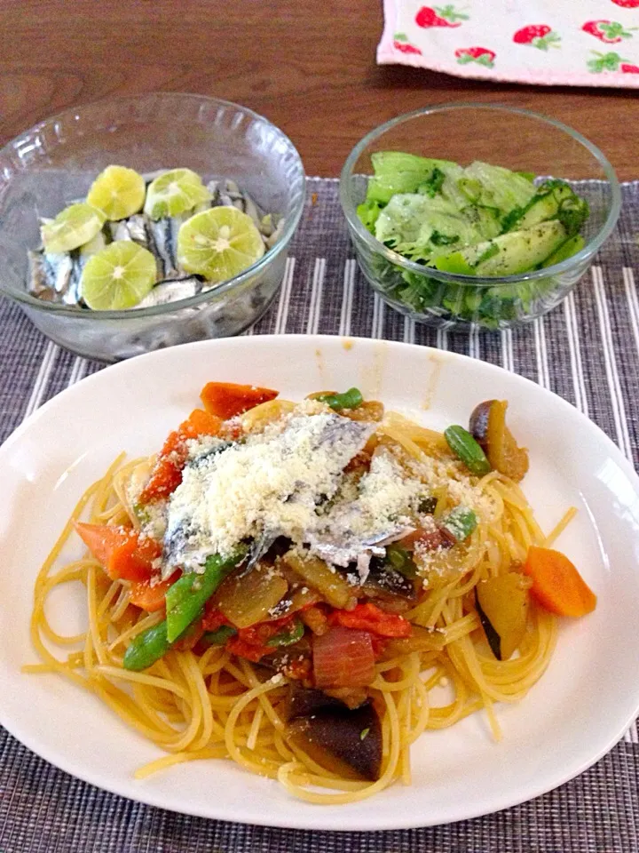 夏野菜のパスタと小鰯のマリネすだち添え|myuさん