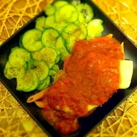 Snapdishの料理写真:Chicken Parm with tomato pasta & cucumber with truffle salt|Suga Brownさん