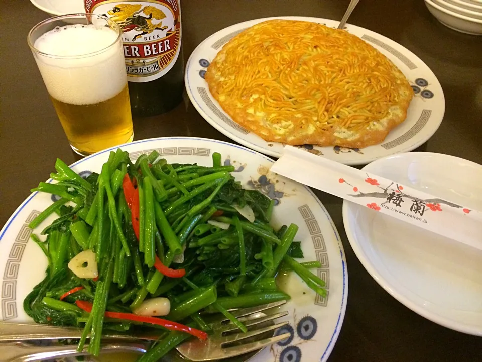 梅蘭焼きそばと空心菜ともちろんビール！ (^o^)/|michiteruさん