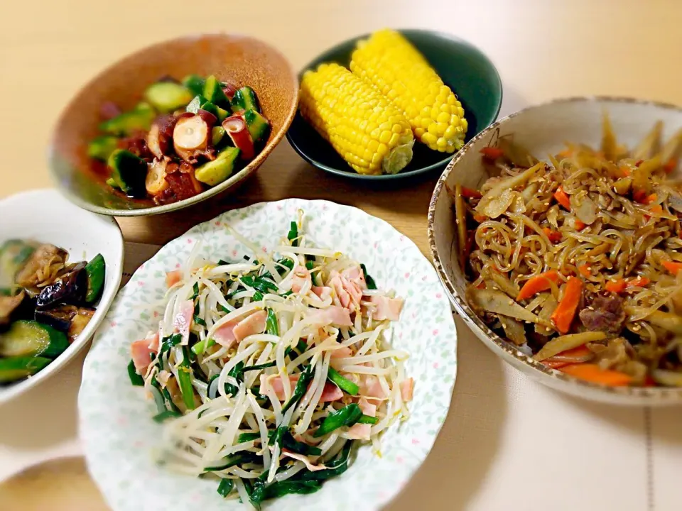 夕飯

ニラもやし炒め
肉金平
タコキムチ
茄子ときゅうりの茗荷漬け
とうもろこし|ゆりっぺさん