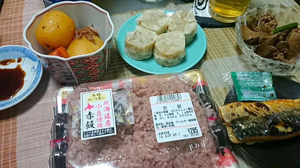 レバー＆焼売＆鯖＆肉じゃが＆赤飯|まぐろさん