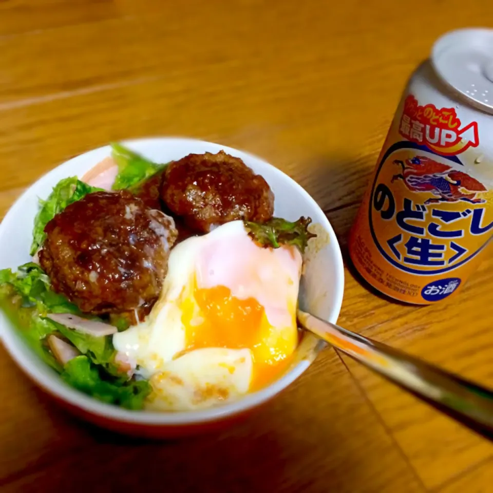 Snapdishの料理写真:有り合わせロコモコ丼＆のどごし〈生〉|Fuyucoさん