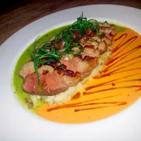 Snapdishの料理写真:beer braised duck breast, green chile mash potatoes, roasted tomato sauce, basil-mustard vinaigrette|Austinさん