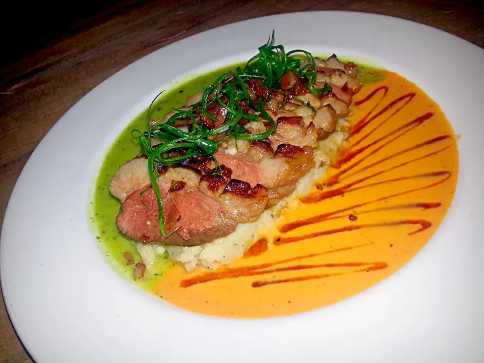 Snapdishの料理写真:beer braised duck breast, green chile mash potatoes, roasted tomato sauce, basil-mustard vinaigrette|Austinさん