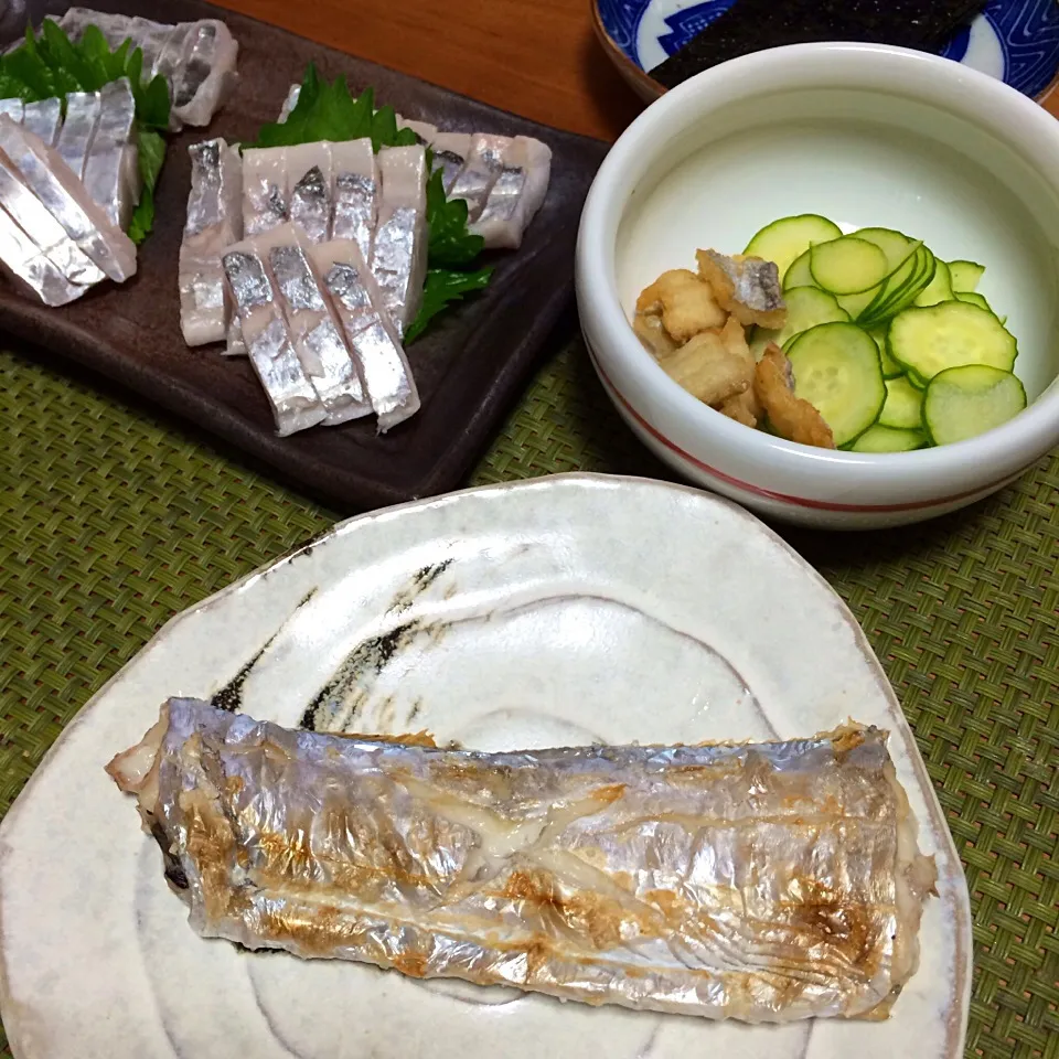 太刀魚のお刺身、塩焼き、酢の物|charさん