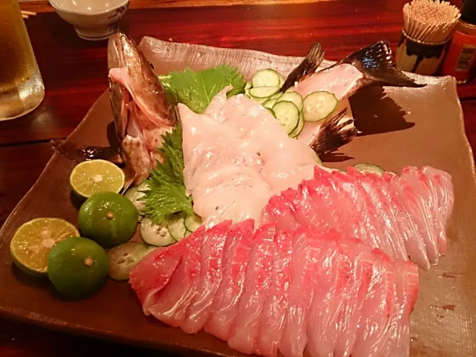 Snapdishの料理写真:シイラとハタの刺身、釣りたては美味い(*´∀｀*)🎉|料理好きさん