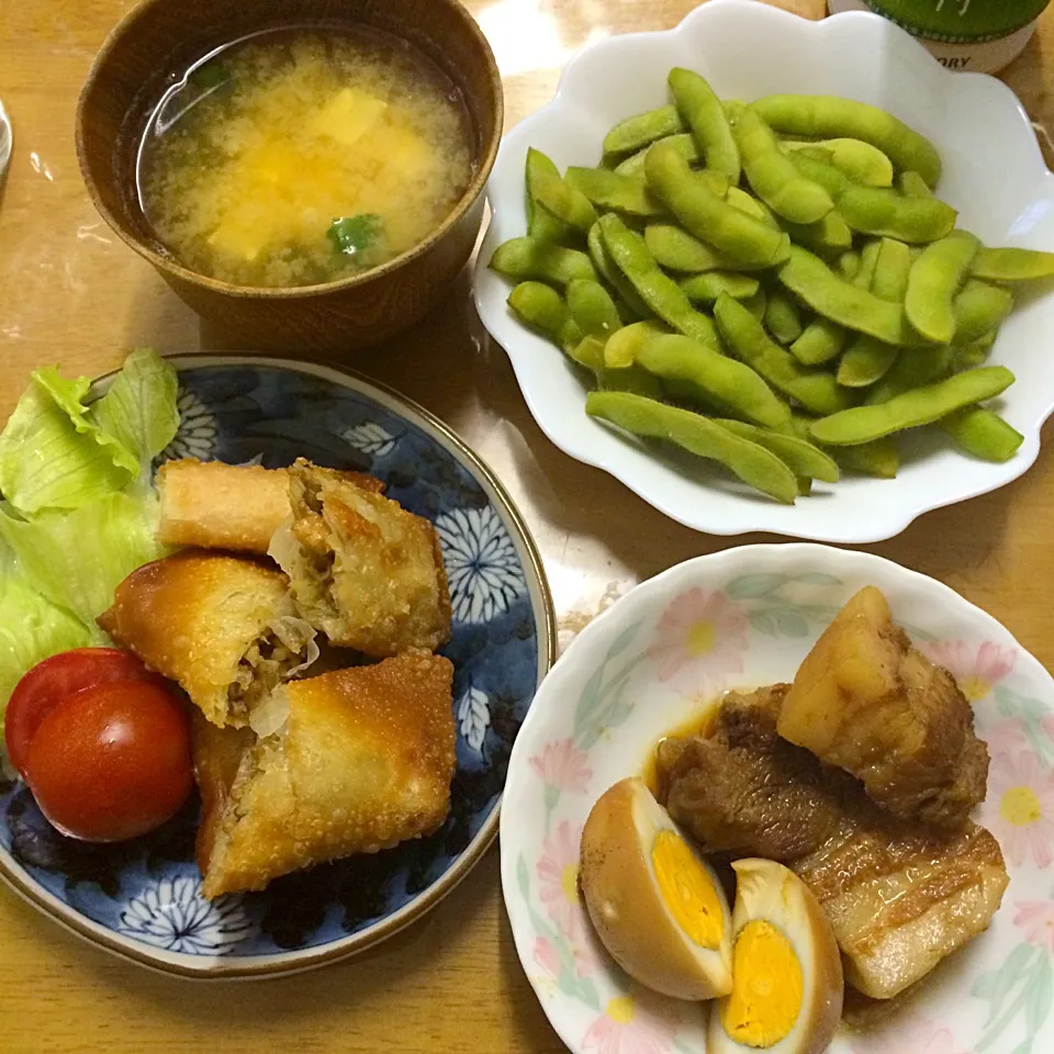 春巻、枝豆、豚角煮、味噌汁|maixx ใหม่さん