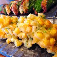 Snapdishの料理写真:🌽トウモロコシのかき揚げ＆     🐟鯵つくね大葉揚げ