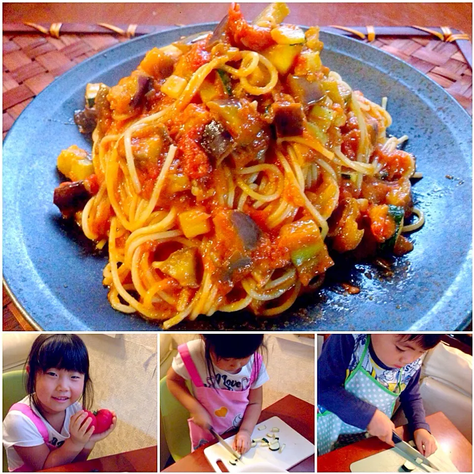 Spaghetti pomodoro of eggplant&zucchini🍝ｽﾞｯｷｰﾆと茄子のﾎﾟﾓﾄﾞｰﾛｽﾊﾟｹﾞｯﾃｨ|🌈Ami🍻さん