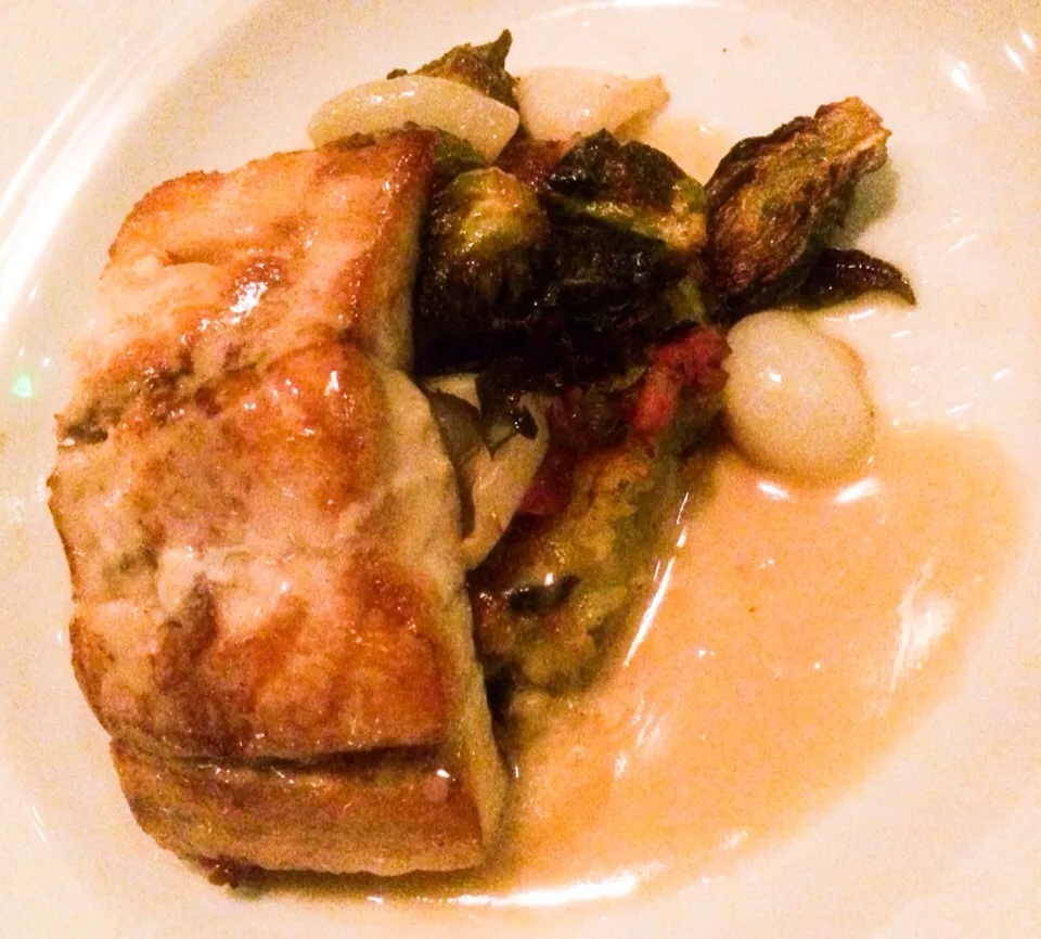 Snapdishの料理写真:Barramundi with Brussel Sprouts and Mashed Potatoes from Boathouse on the Bay|sooprcoolchicaさん