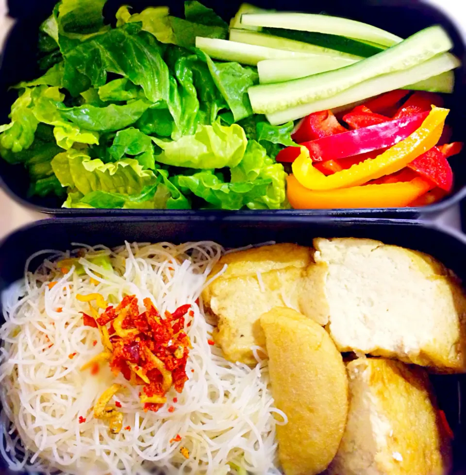 Today's lunch - fried beehoon with beancurd & fish cake, colorful salad|coxiella24さん