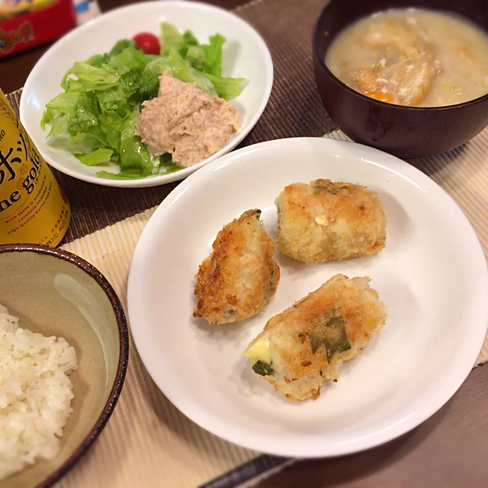 鶏ささみロール ツナサラダ 味噌汁|さるさん