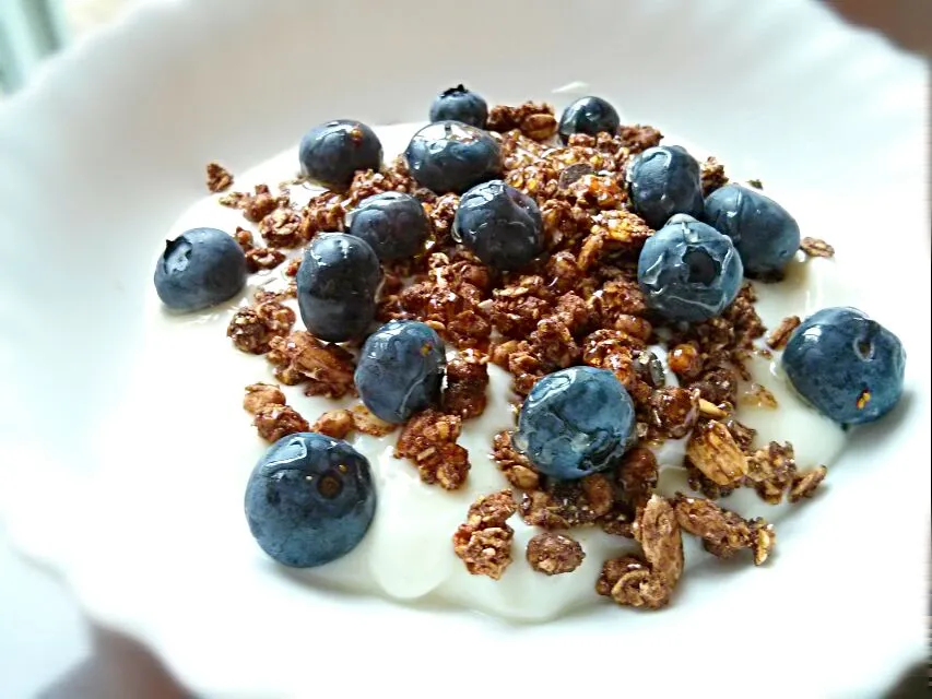 Snapdishの料理写真:Simple Breakfast: Greek Vanilla Yogurt Topped With Chocolate Granola, Fresh Blueberries and a Drizzle Of Honey|Julie Tranさん