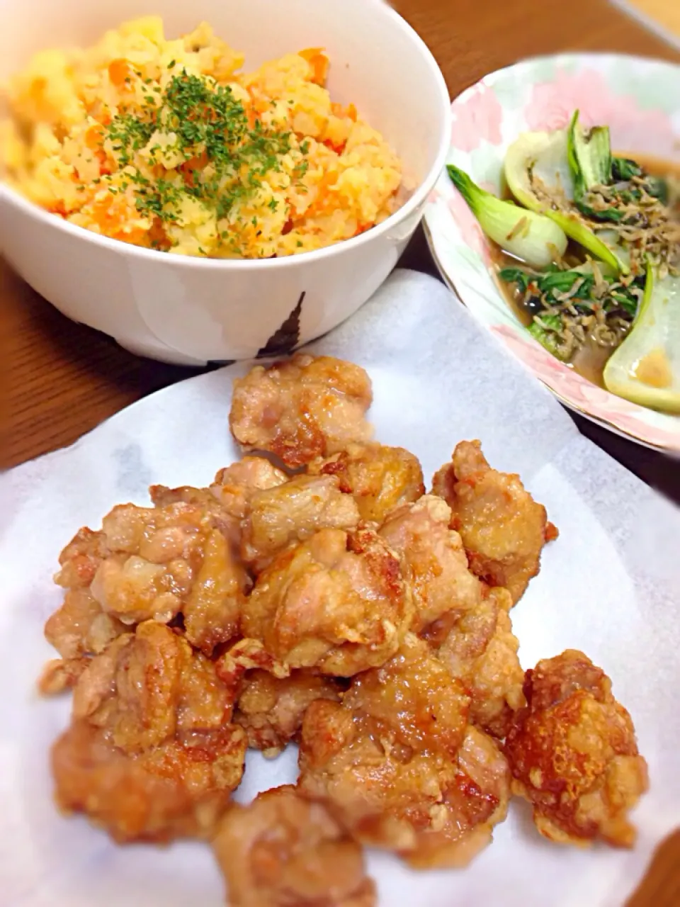 唐揚げ めんたいポテサラ ちんげん菜としらすの炒め煮|えいこにゃんさん